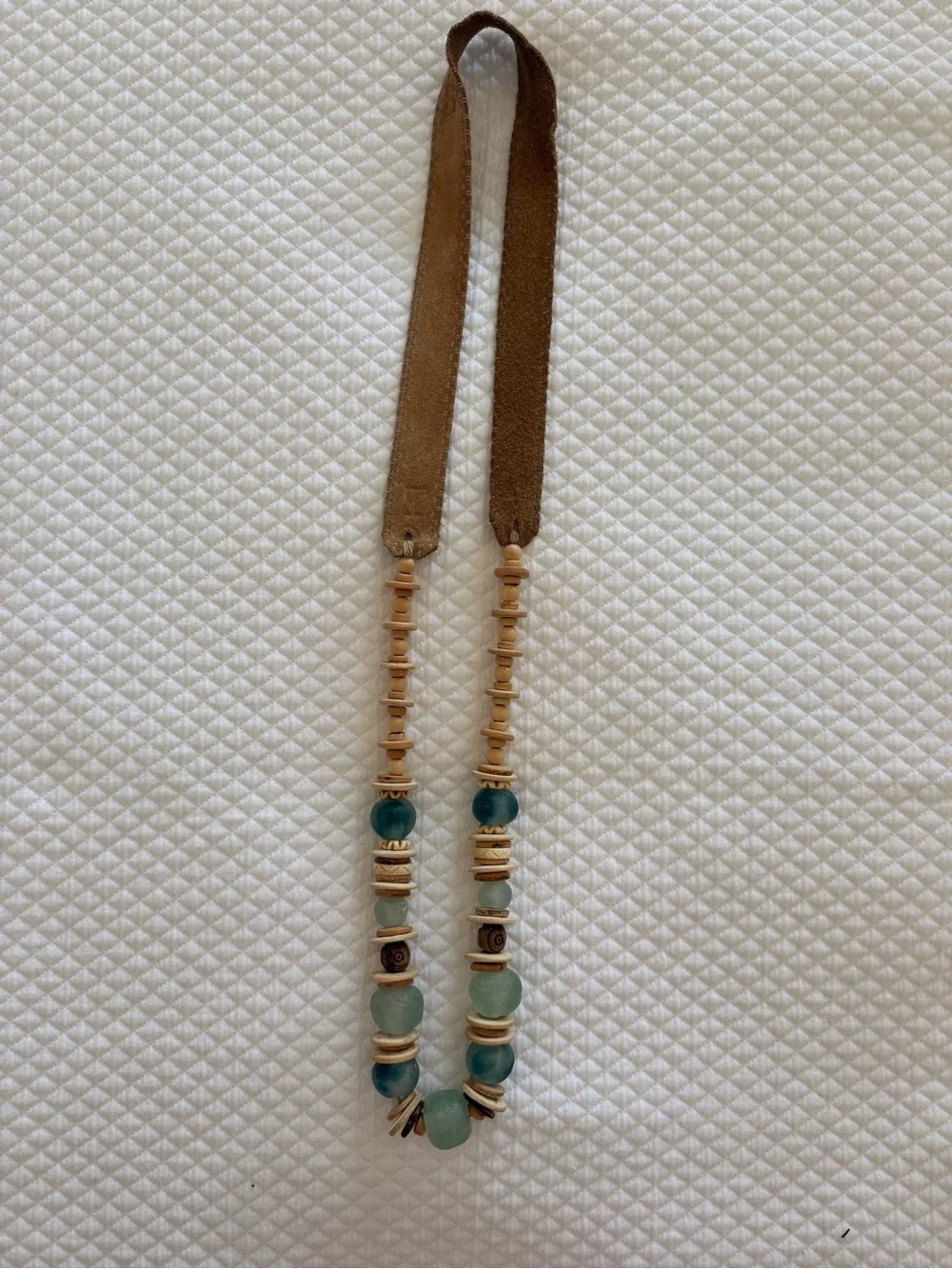 Teal Ocean Glass and Tan Leather Women's Necklace